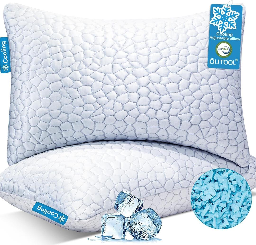 QUTOOL Cooling Pillow for Sleeping, CertiPUR-US Shredded Memory Foam Queen Pillows Set of 1, Cool Pillow for Hot Sleepers Adjustable Firm Pillow for Side, Back, Stomach Sleepers Soft Yet Support,White