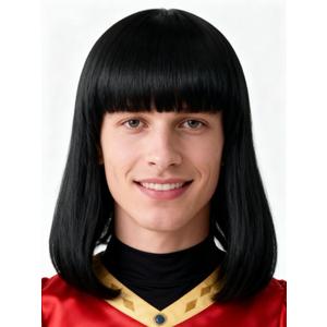 Men's Medium-Short Black Bob Wig Halloween Character Costume Wig(Black/Medium/bobo)