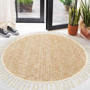 Collive Hand Woven Round Area Rug Soft Cotton Machine Washable Carpet 4ft Farmhouse Rugs with Tassels, Tan/Cream Circle Rugs for Bedroom Living Room Dining Room Table Office