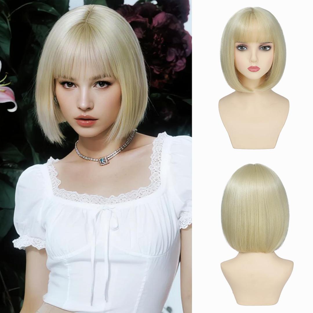Blonde Bob Wig with Bangs 12 Inch Short Straight Synthetic Wig for Women Girls Natural Looking Heat Resistant Glueless Cute Wig for Daily Party Halloween Cosplay