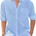 J.VER Men's Cotton Linen Shirts Casual Button Down Long Sleeve Shirt Tropical Spread Collar Solid Top with Pocket, Light Blue, 3X-Large