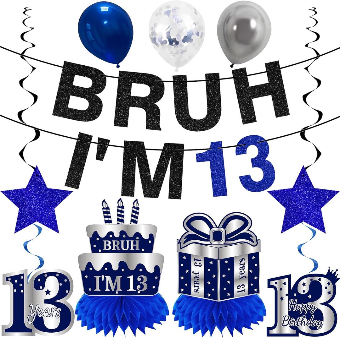 Kuxriox 11Pcs 13th Birthday Decorations for Boys Men, Blue Sliver Happy 13th Birthday Banner, Bruh I'm 13 Balloons Centerpieces Swirls Party Supplies, Thirteen Bday Banner Ceiling Table Topper Sign