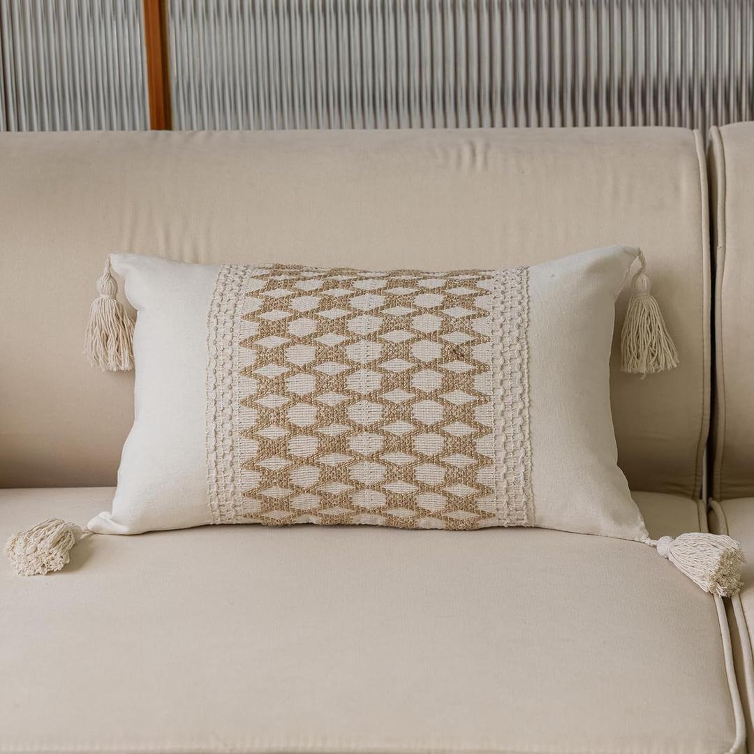 vctops Boho Cotton Linen Decorative Throw Pillow Covers with Tassels 16x24 Inch Soft Farmhouse Neutral Diamond Pillow Covers Accent Macrame Woven Tan Cushion Case for Couch Sofa Car (Type H,16"x24")