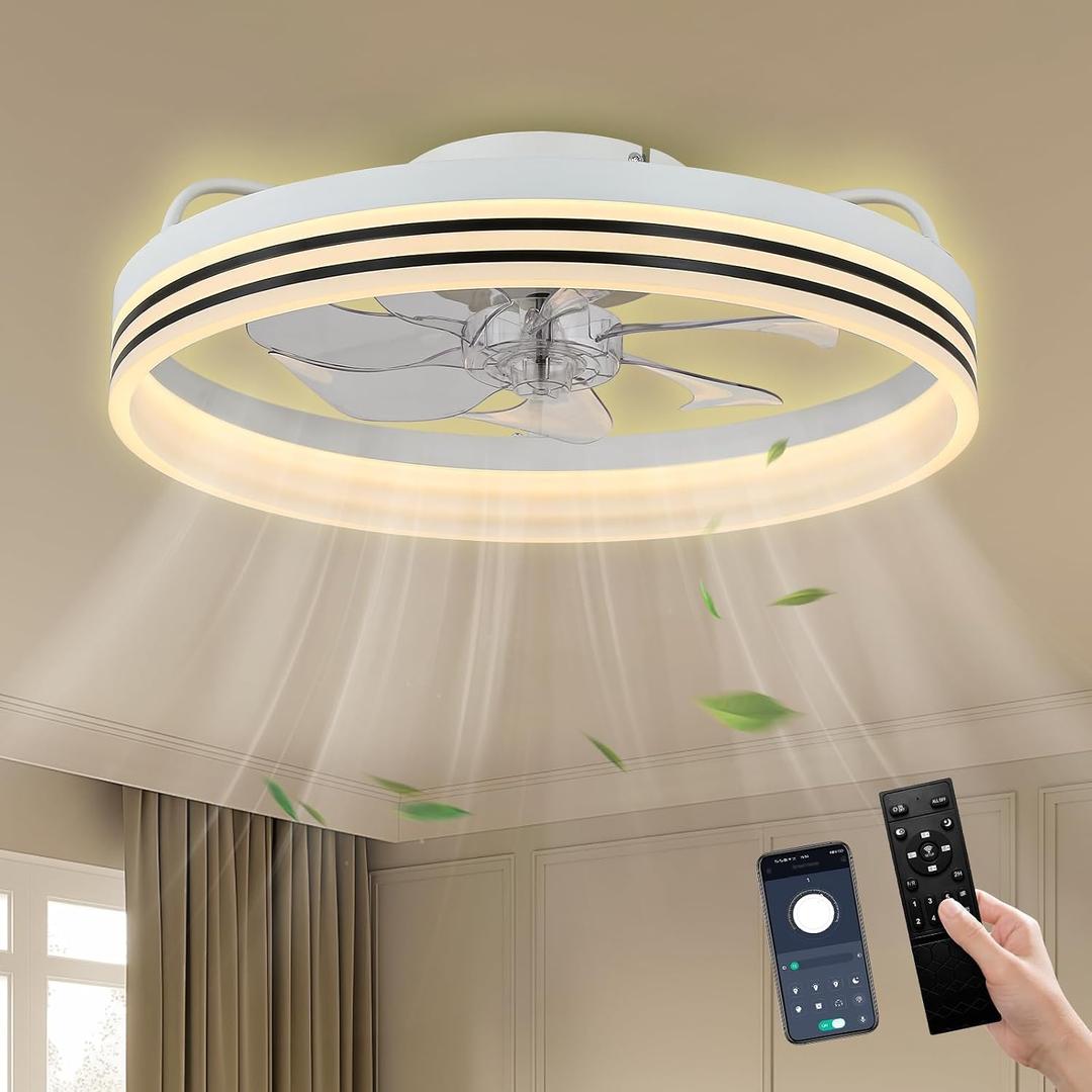 Ceiling Fans with Lights 20" Fandelier Modern Ceiling Fan Dimmable Low Profile Ceiling Fan Flush Mount Bladeless Chandelier Fan Ceiling Fan Lights for Bedroom Kitchen and Living Room(White)