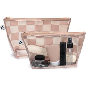 Tiny Twinkle Diaper Bag Organizing Pouches | 2 Pack Mess-Proof Travel Organizer Bags with Structured Bottom & Clear Front | TSA Approved Toiletry Bag Set for Baby and Mom Essentials (Beige Checkers)