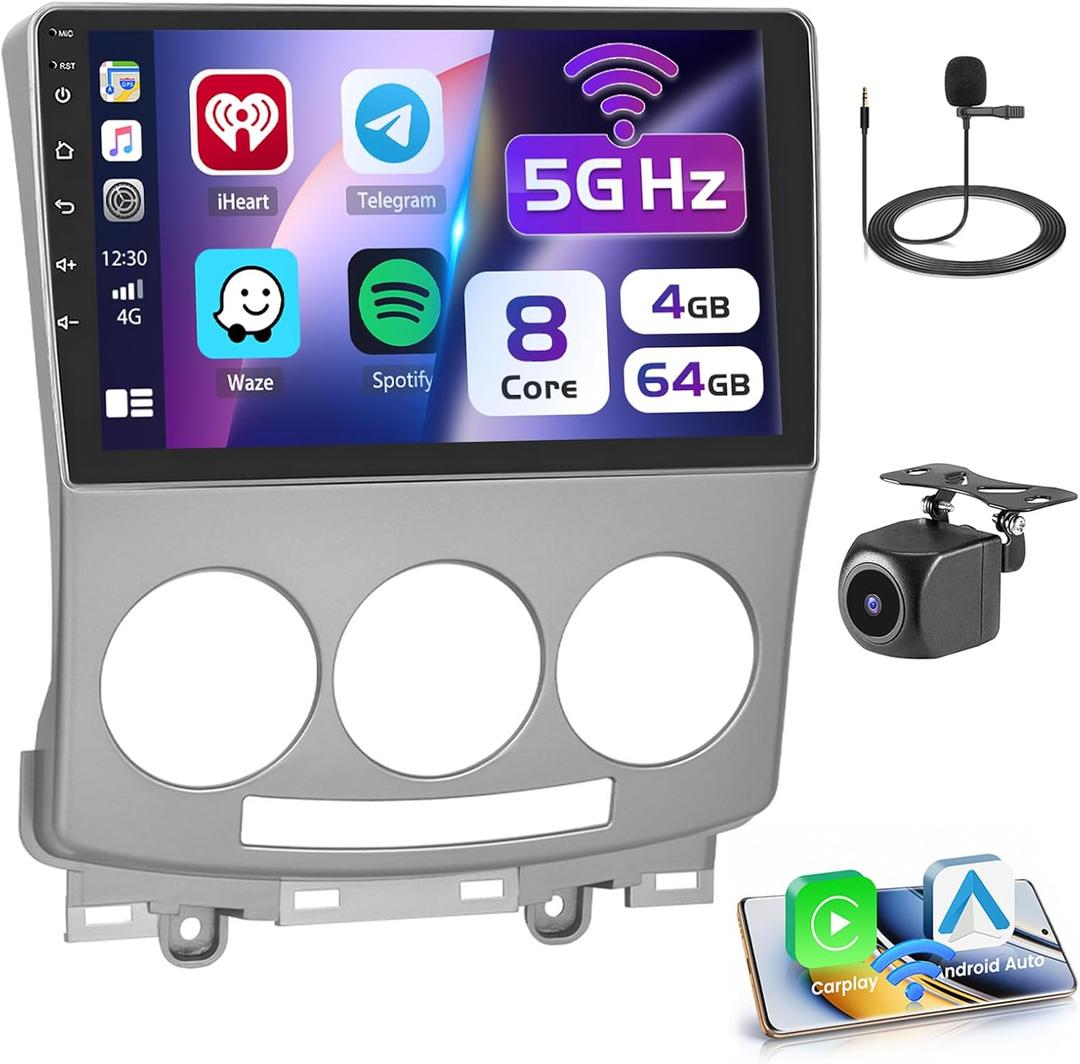 8 Core Android 13 Car Stereo for Mazda 5 2007 2008 2009 2010, 9" HD Touchscreen for Mazda 5, Wireless CarPlay/Android Auto, 5G WiFi, Bluetooth 5.0, 32EQ, 1280 * 720, 4+64G
