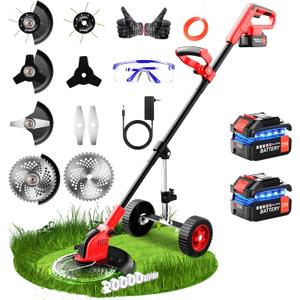 20000 RPM Electric Weed Wacker with Wheel,12 Brushless Cordless Weed Eater Battery Powered, 4-in-1 Brush Cutter/String Trimmer/Grass Trimmer/Lawn Mower,Edger Stringless Weed Trimmer,5 Blade,2 Battery