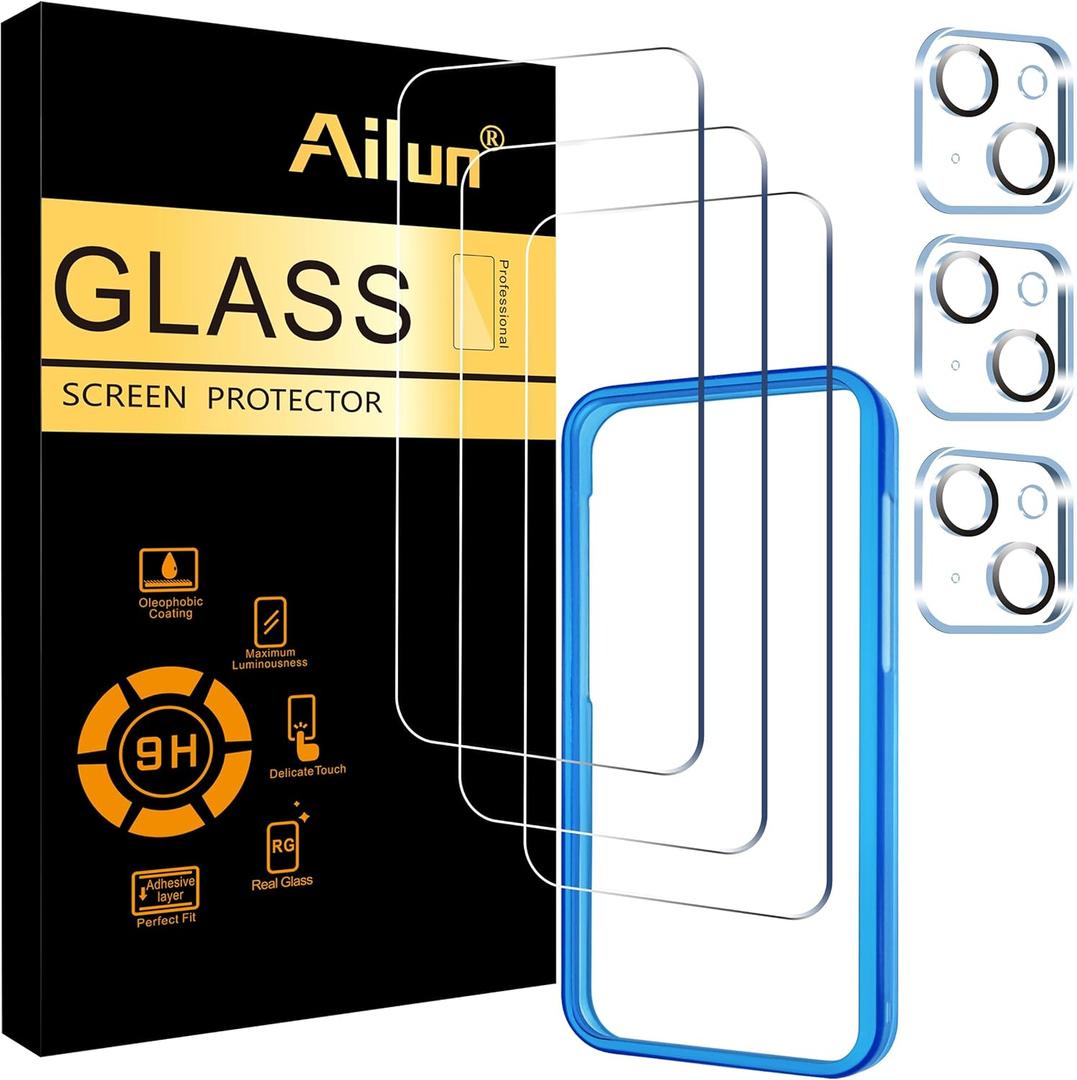 Ailun 3 Pack Screen Protector for iPhone 15 Plus [6.7 inch] + 3 Pack Camera Lens Protector with Installation Frame,Case Friendly Tempered Glass Film,[9H Hardness] - HD