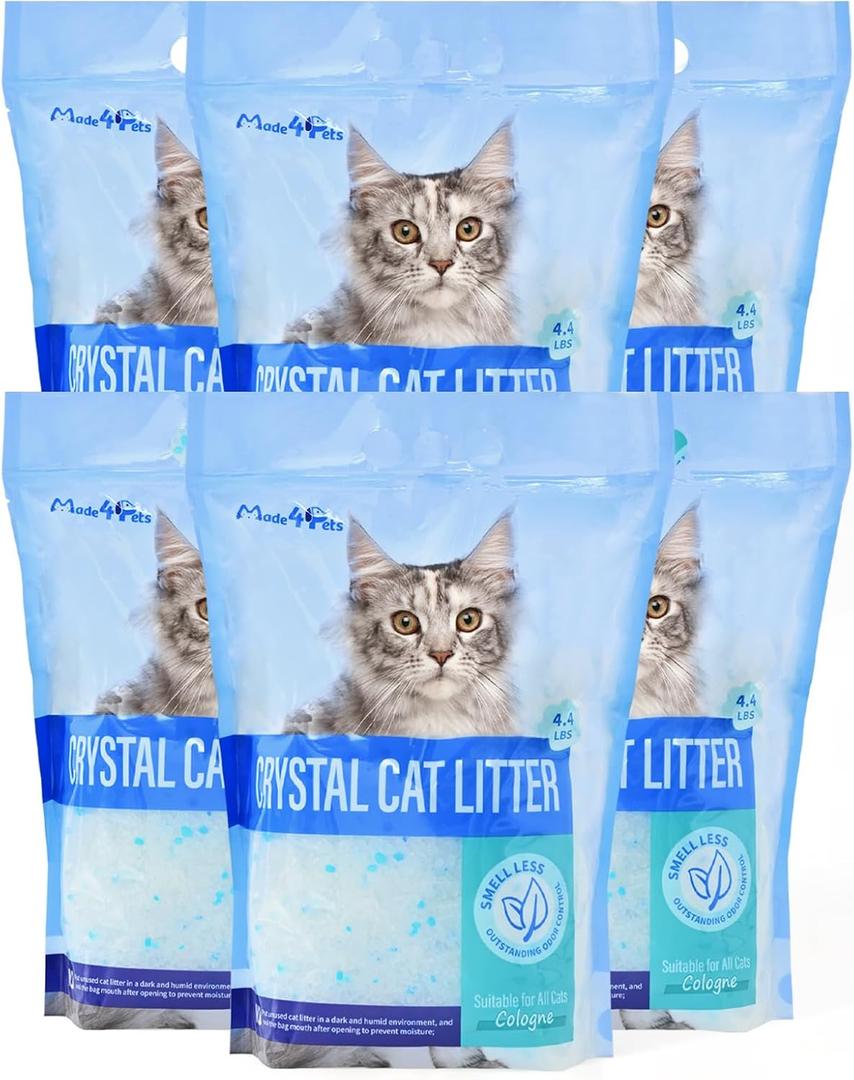 Made4Pets Cat Litter Crystals, Non Clumping Cat Litter Odor Control Silica Gel Cat Litter Non Clumping Low Dust, Low Tracking, Lightweight, Dehydrates Waste,Cologne 25.8 lbs (6 x 4.3 lb Packs)