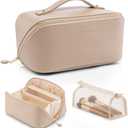 VLANDO Makeup Bag,Travel Toiletry Bag,Cosmetic Bag for Women PU Leather Portable Make up Bag for Skincare, Brushes & Travel Essentials-Toffee