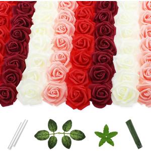 100 Pcs 2 Inch Artificial Flowers Faux Foam Fake Rose Head Bulk for Home Decor Wedding Decoration Bridal Shower Wall Table Centerpiece Arrangement DIY Craft (4 Shades of Red Ivory)