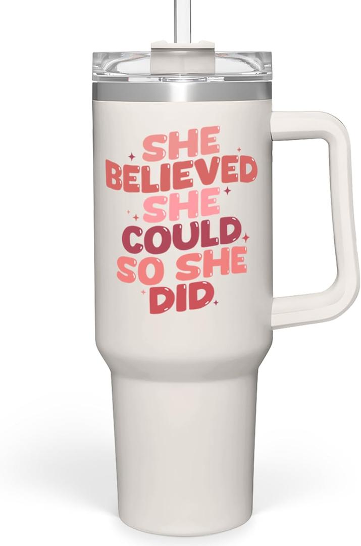 SANDJEST Graduation Gift for Women She Believed She Could So She Did Tumbler 40oz Stainless Steel Insulated with Handle and Straw - New Job, Going Away, Inspirational Design