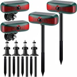 Qualirey 4 Pcs Solar Outdoor Alarm Motion Sensor 129dB Security Siren Ultrasonic Detector Strobe Light, 4 Modes Animal Deterrent Waterproof Alarm for Home, Farm (Red)