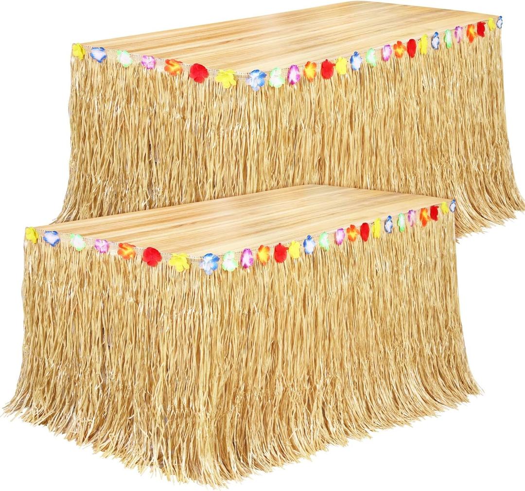Fovths 2 Pack Luau Grass Table Skirt Natural 9 Feet x 29.5 Inch Hawaiian Table Skirt for Tropical Hawaiian Party Decorations Luau Costume Party, Straw Yellow