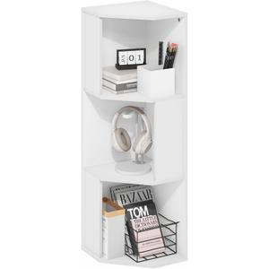 Furinno ECON Corner Shelf, 3-Tier Corner Book Shelf, Standing Storage Shelves, Cube Display Rack, Bookshelf, for Organization and Storage, Living Room, Home Office, Plain White, 3-Tier Corner, 11.7 x 11.7 x 36.6