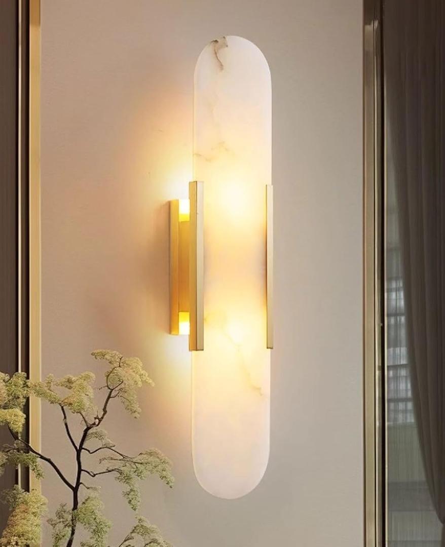 19.7" Alabaster Wall Sconce Natural Marble Sconce Indoor Mid Century Modern Wall Light Oval Stone Lampshade Vanity Light Fixtures for Living Room Bedroom Dining Room Hallway (Gold)