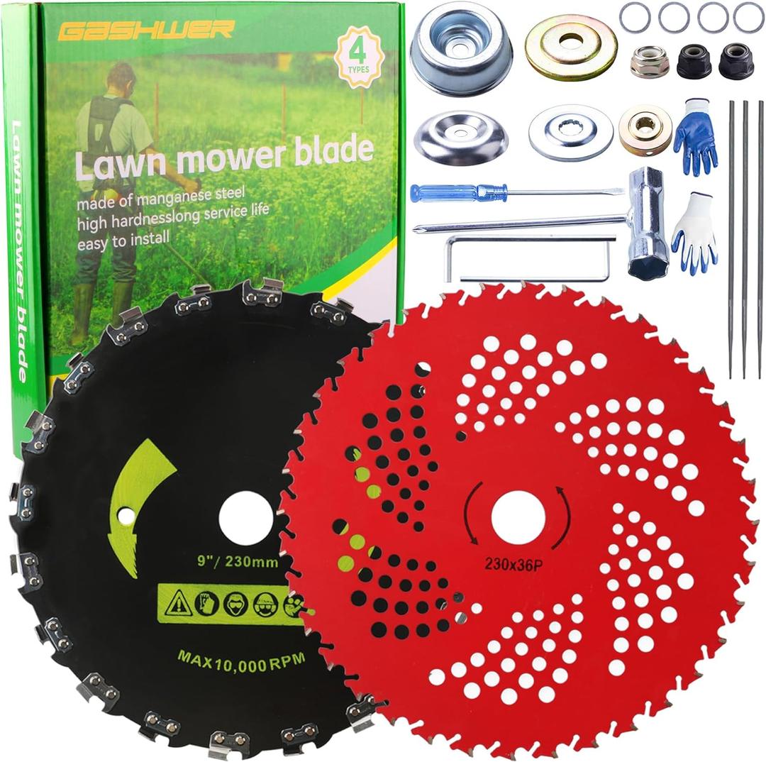 9" x 36 Teeth Carbide Tipped Blades & 9" x20T Carbon Steel Round Chainsaw Tooth Brush Blades with Universal Adapter Kit Compatible with Brush Cutter, Trimmer, Weed Eater, Husqvarna, Stihl Ego