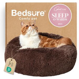 Bedsure Calming Cat Beds for Indoor Cats - Small Cat Bed Washable 20 inches, Anti-Slip Round Fluffy Plush Faux Fur Pet Bed, Fits up to 15 lbs Pets, Coffee