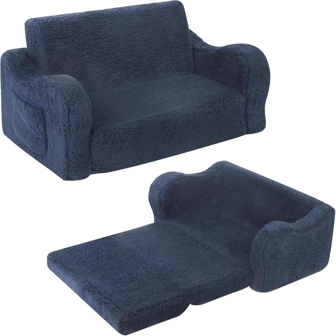 Kids Extra Wide Chairs for Toddler, 2-in-1 Toddler Soft Sherpa Couch Fold Out, Convertible Sofa to Lounger for Girls and Boys, Dark Blue (Large)