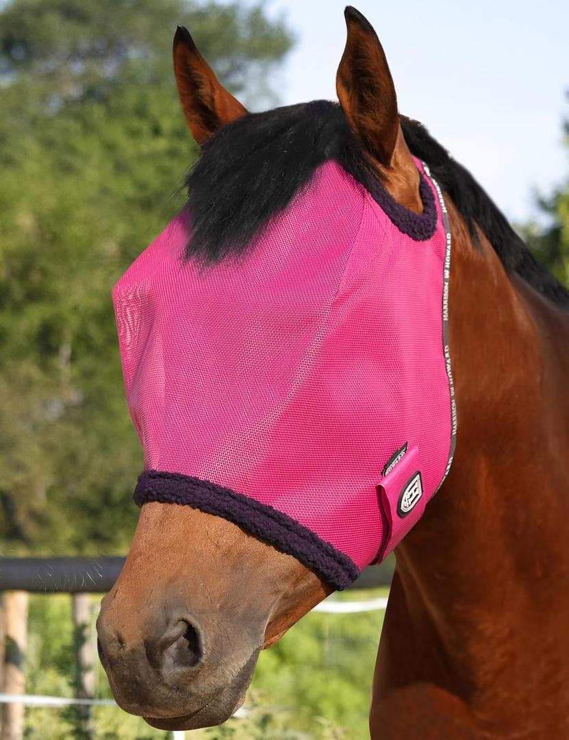 Harrison Howard All Round Mesh Horse Fly Mask UV Protective with Fleece Padded Edging Magenta M