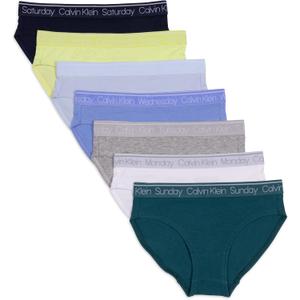 Calvin Klein Girls Bikini Days of The Week 7 Pack, Pacific/ White/ Heather Gray/ Hydrangea/ Skyway/ Energy/ Black Iris, Medium