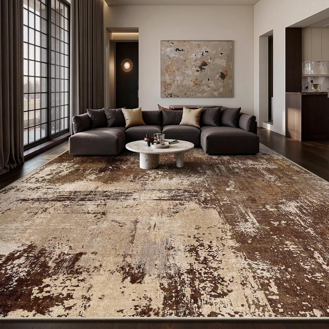 10x14 Area Rugs - Modern Abstract Washable Rug, Ultra Soft Non Slip Low Pile Large Brown Rugs for Living Room, Floor Carpet for Bedroom Dining Room Office Laundry Nursery Home