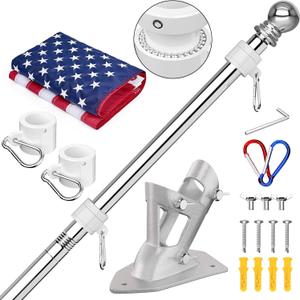 ZMTECH American Flag with Pole- 5FT Flagpoles with Upgraded Tangle Free Rings and Bracket, 1" Stainless Steel Flag Poles with Holder for Outside House, Residential or Commerical (Silver, No Light)