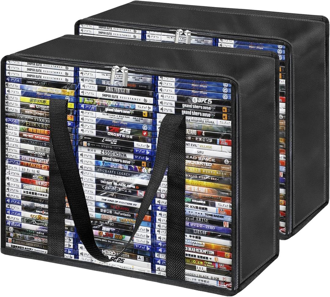 DVD Storage Bags, 2 Pack Blu-ray DVD Storage Cases Holder, Highly Clear Video Game Storage Bags, Plastic Media Organizer Holds Up 70 DVDs, 90 Blu-ray Cases, 120 CDs (Each)
