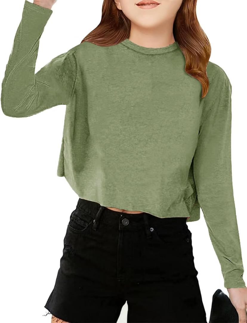 Girls Long Sleeve Crop Tops Kids Fashion Loose Crew Neck Cropped T-Shirts Casual Basic Tees (13-14 Years, Army Green)