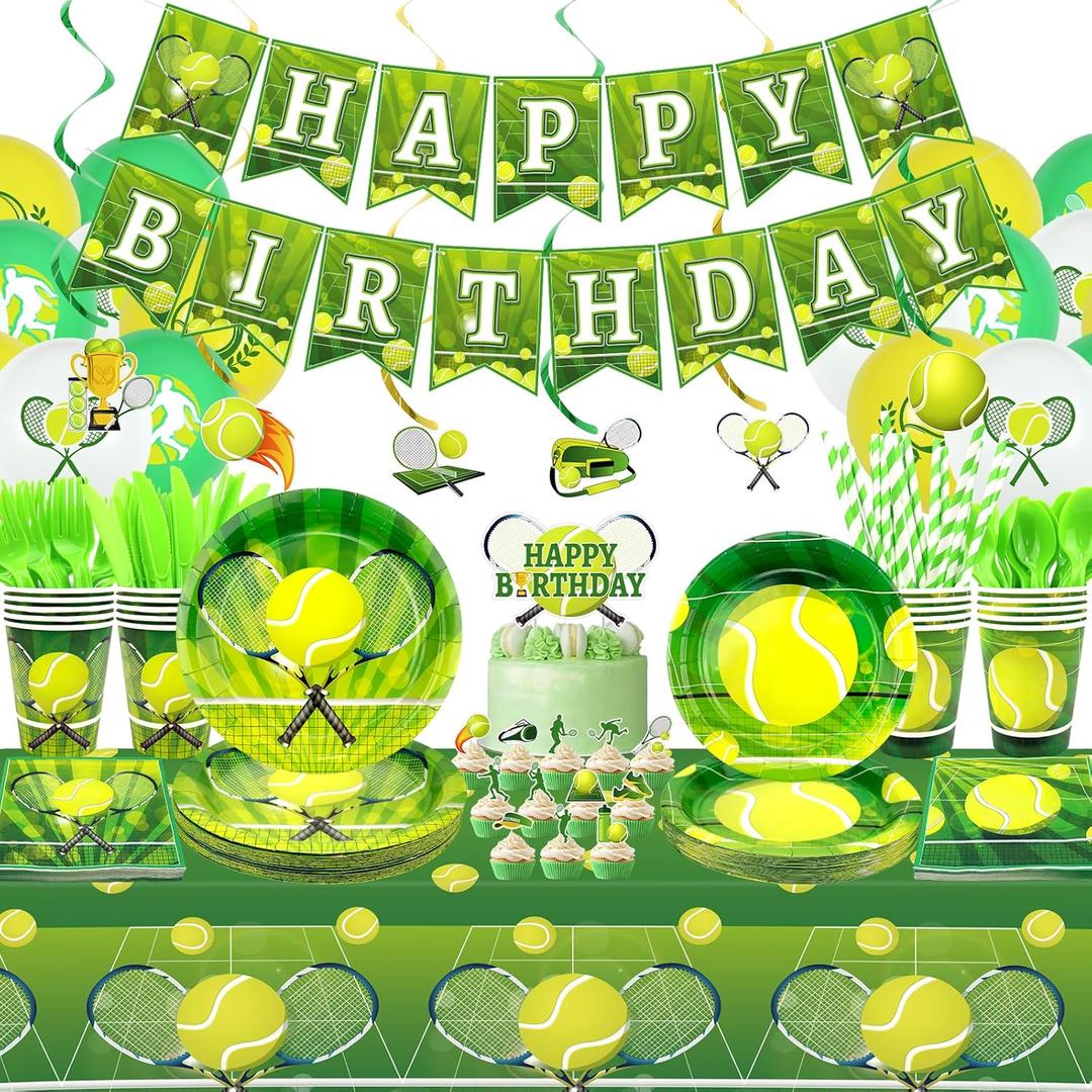 Tennis Birthday Party Decorations - Tennis Party Supplies including Banner, Plate, Cake Topper, Cup, Napkin, Balloon, Tablecloth - Serves 20