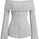 SKAYS Womens Off The Shoulder Long Sleeve Shirt Going Out Y2k Top Fall Ribbed Fitted Pullover Button Front Tee, XS