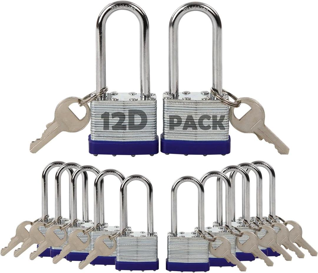 SEPOX 12Pcs Set Laminated-Padlocks with Key Different, Extra Long-Shackle, 1-9/16" 40MM Heavy-Duty Steel Lock Body Each Lock with 2 Big Key for Outdoor & Indoor Lockers-Locks, Fence, Gate, Tool-Box
