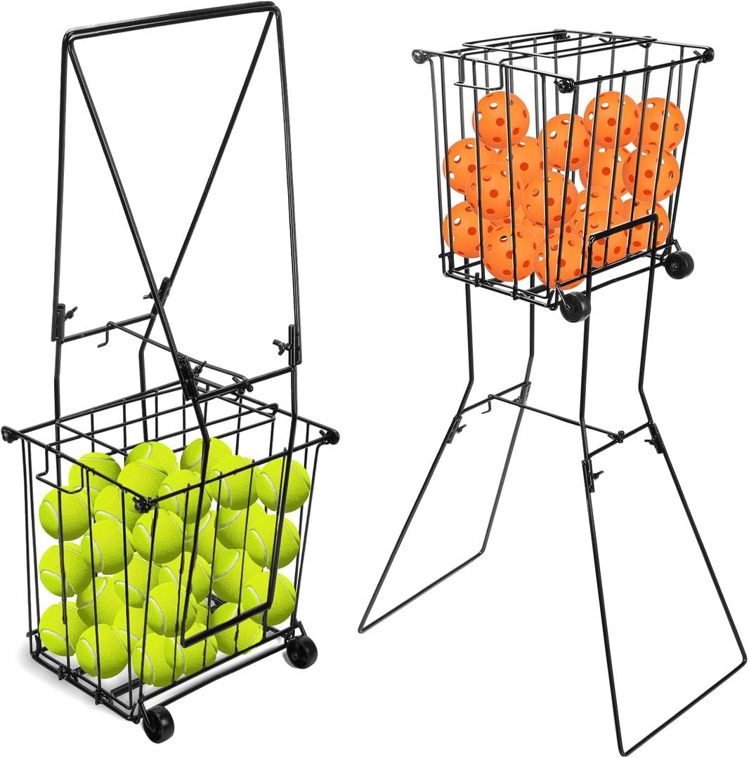 Portable Pickleball Tennis Ball Collector with Wheel, 90 Tennis Balls Capacity, Pickleball Retriever Basket Carrier Gatherer Picker Hopper Container