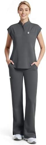 Dvoliaw Women Scrubs Set,Sleeveless Stand Collar Scrub Top,Straight Leg Scrub Pant,11-Pocket Medical Uniform,Yoga Waistband, S