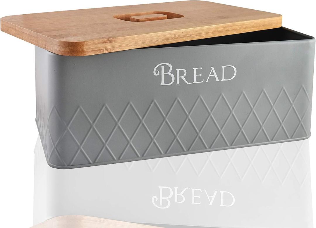 Baking & Beyond Space-Saving Bread Box with Bamboo Cutting Board Lid,13"x7.5"x5" for Kitchen Countertop, Bread Storage Container Holder, Bread Keeper Bin - Fresh Loaves (Grey)