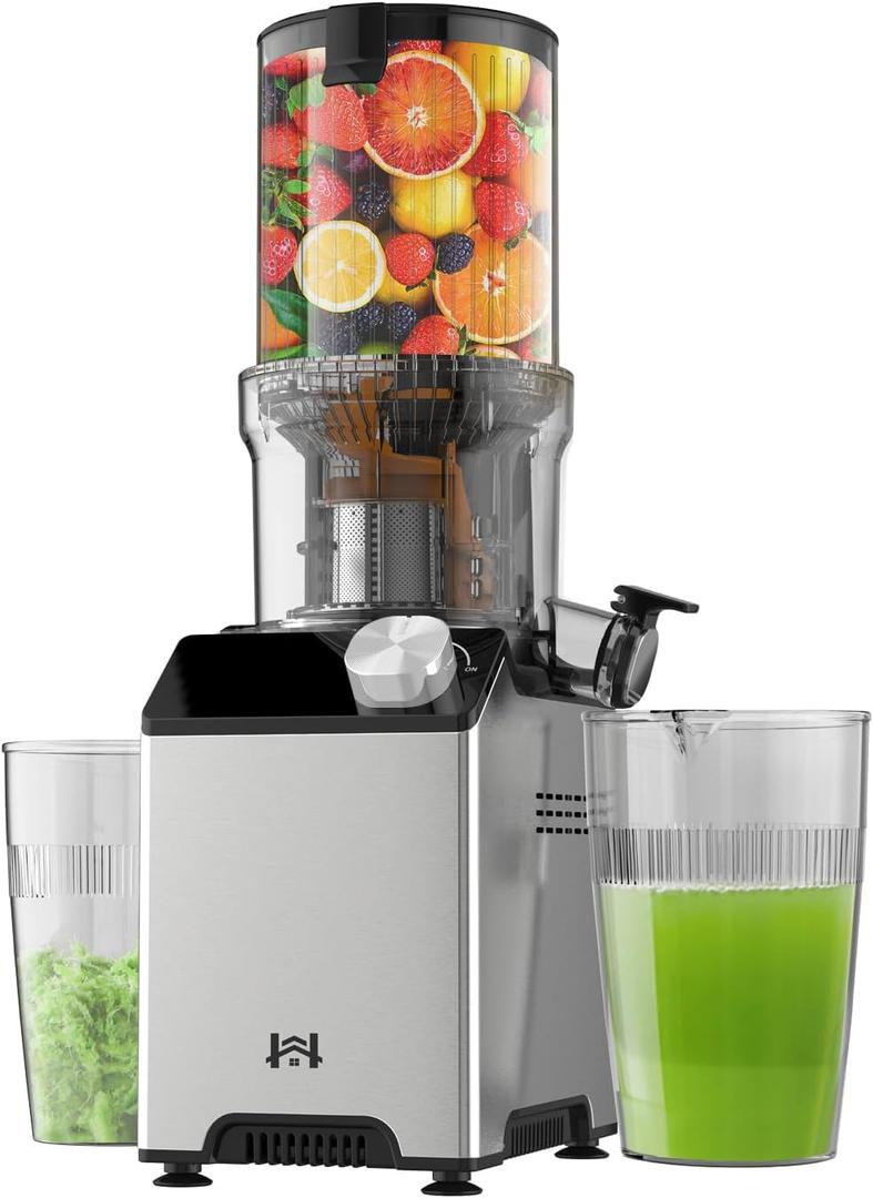 Cold Press Juicer, Wide Feed Chute Juicer Machines, Stainless Steel Slow Masticating Juicers Easy to Clean, Vegetables & Fruits Juice Extractor, High Juice Yield, Platinum Color Knob