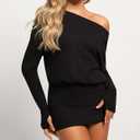 Women Off Shoulder Batwing Long Sleeve Bodycon Mini Dress Y2k Party Going Out Dresses (Black, L)
