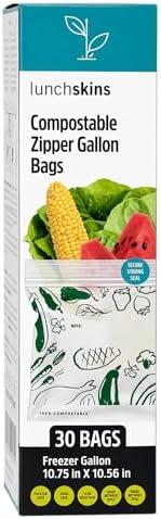 Lunchskins Ziptop Home Compostable & Resealable Freezer-Safe Food Storage Bags, Gallon Size, 30 Bags - Eco-Friendly, Made Without PFAS and BPAS