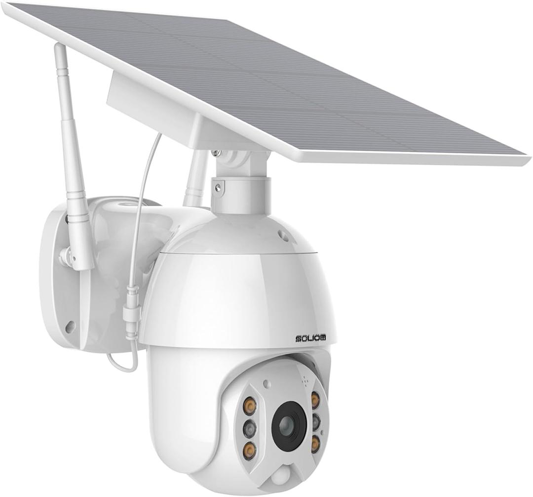 SOLIOM Solar Powered Security Camera Outdoor Wireless, 360 Pan Tilt WiFi Camera with Color Night Vision, PIR Human Detection, 2-Way Talk, Cloud Storage, No Monthly Fee, Compatible with Alexa