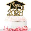 Class of 2026 Cake Topper, Congrats Grad Cake Decor, Congratulations 2026 Senior High School College Graduation Party Decorations Black and Gold Glitter