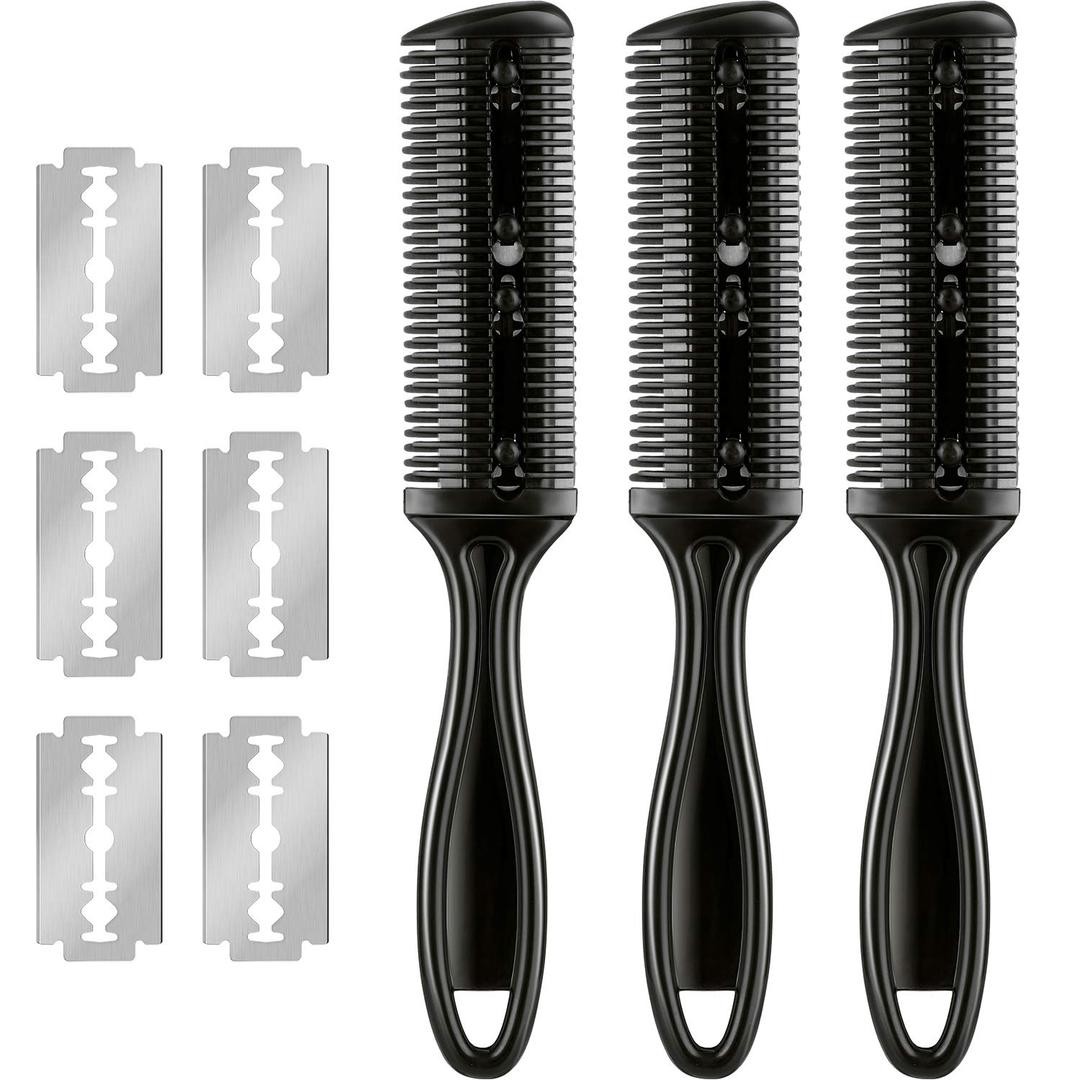 Maitys 3 Pcs Haircut Razor Comb Hair Cutting Comb with 12 Replacement Blades Double Edge Shaper for Salon & Home Styling Split Ends Trimmer Styler for Thick and Thin Hair (Black)