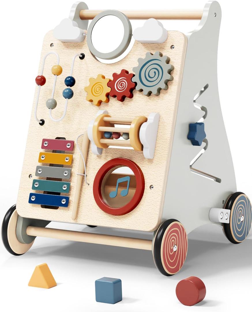 Detachable Baby Walker for Toddlers 1 Year Old Wooden Montessori Busy Board Adjustable Speed Push & Pull Walker Activity Learning to Walk Center Toy for Boys Girls 6-12 Months Baby Toys Birthday Gifts