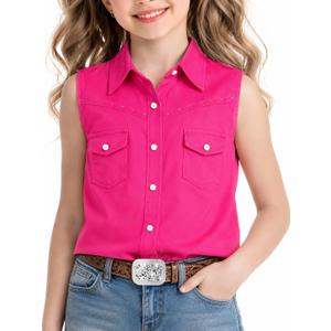 Girls Rhinestones Western Shirt Sleeveless Cowgirl Button Down Shirts Casual Blouses Tops 5-6Y (Pink)