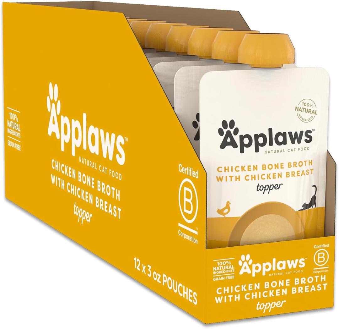 Applaws Natural Wet Cat Food in Topper, Limited and Natural Ingredients, High Protein with No Artificial Additives, Chicken Breast Bone Broth (12 x 3oz Resealable Spout Pouches) (EXP 10/25/27)