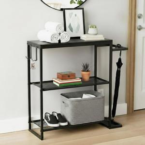 SayBond Creations 31'' Narrow Console Table with Umbrella Holder & Hooks, 3-Tier Small Entryway Table, Entry Table with Storage Shelves for Hallway, Foyer, Corridor, Black