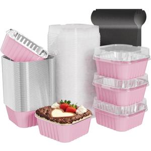 50 Pack Square Mini Cake Pans with Lids,Mini Loaf Pans with Lids,Aluminum Foil Baking Cups,Disposable Ramekins Cupcake Cups,Dessert Cups for Wedding Birthday Party Picnics,5oz (Pink)
