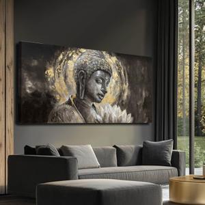 MLART99 Buddha Canvas Wall Decor White Lotus Painting Wall Art Gold and Grey Picture Prints Zen Art for Dining Room Modern Artwork 24x48 Inch