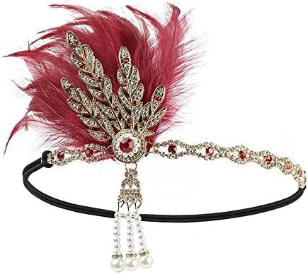 STIOEDYUAN Vintage 1920s Flapper Headband Great Gatsby Feather Headpiece Roaring 20s Leaf Tiara Hair Accessories For Women (Red)