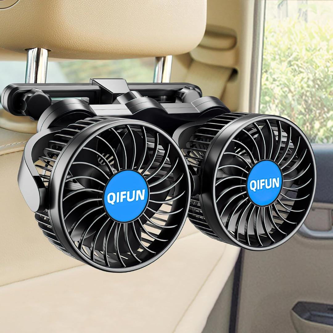 QIFUN 12V Car Fan, Portable Car Fan Cool Gadgets for Rear Seat Passenger, 4'' Headrest 360 Rotatable Backseat Car Cooling with Stepless Speed Regulation for Vehicles, SUV, RV, Boat, Medium