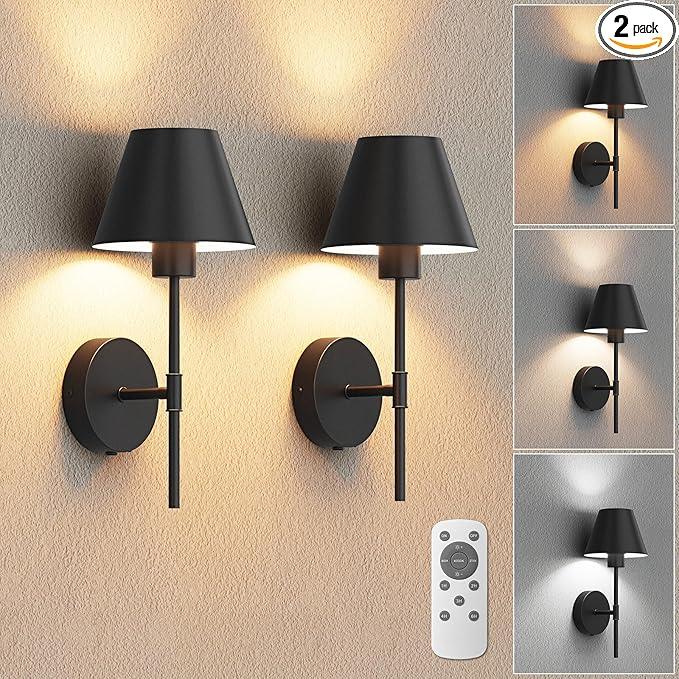 VOLISUN 17In Battery Operated Wall Sconces Set of Two,Brushed Black Wall Sconce Rechargeable with Remote,3 Colors Wireless Wall Sconces and Led Wall Lights for Living Room,Bedroom,Hallway,Bathroom